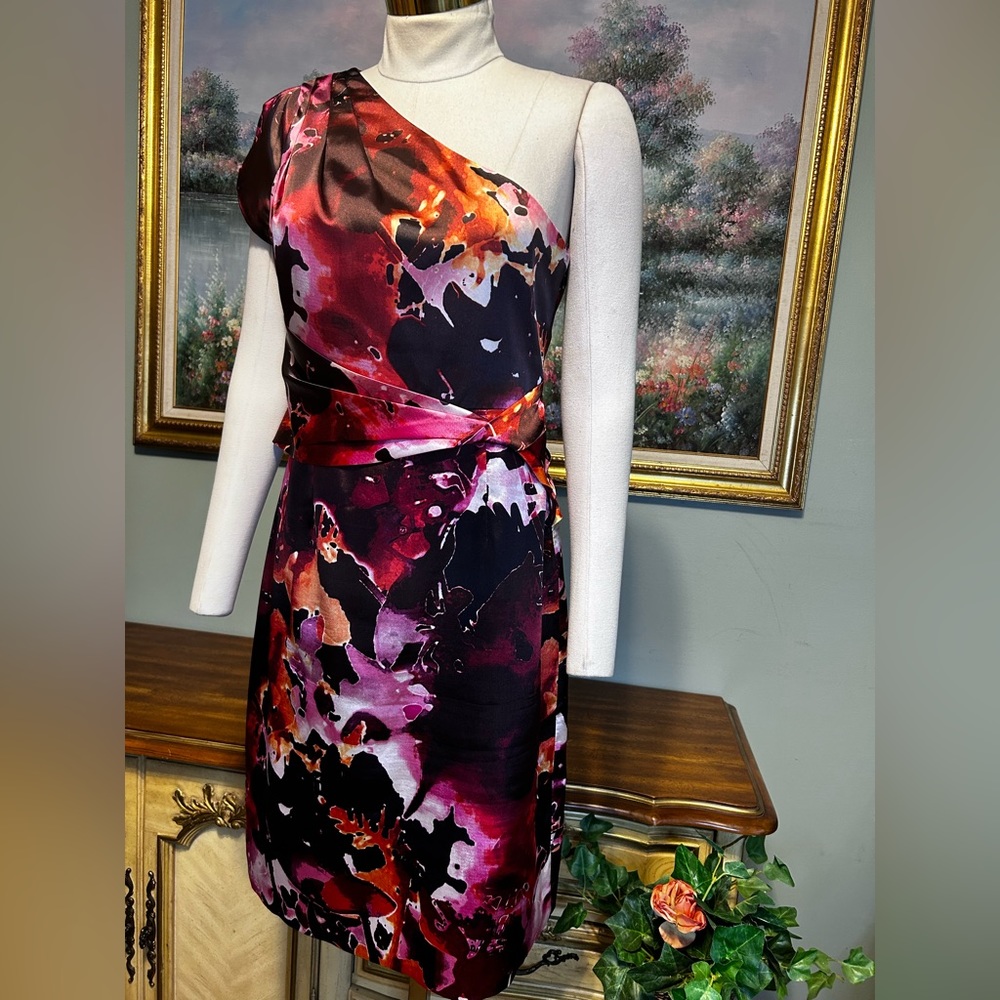 Tahari One Shoulder Black Purple Pink Lilac Danika One Shoulder Floral Dress - Picture 6 of 15